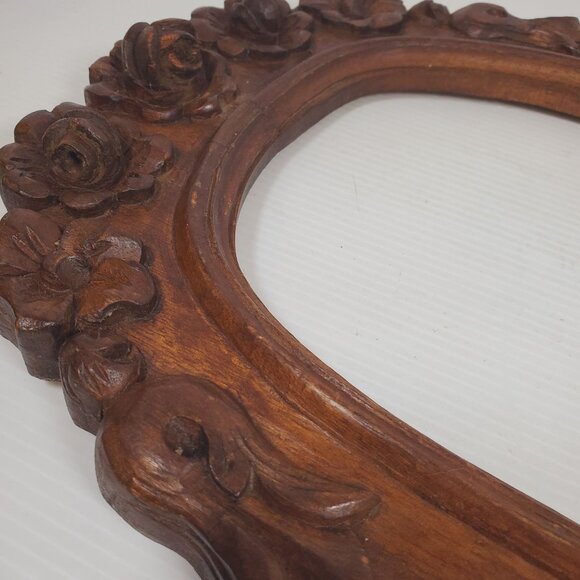 VTG Hand Carved Wooden Oval Frame Floral Boho Wall Art Frame Rustic Cottagecore - Picture 6 of 14